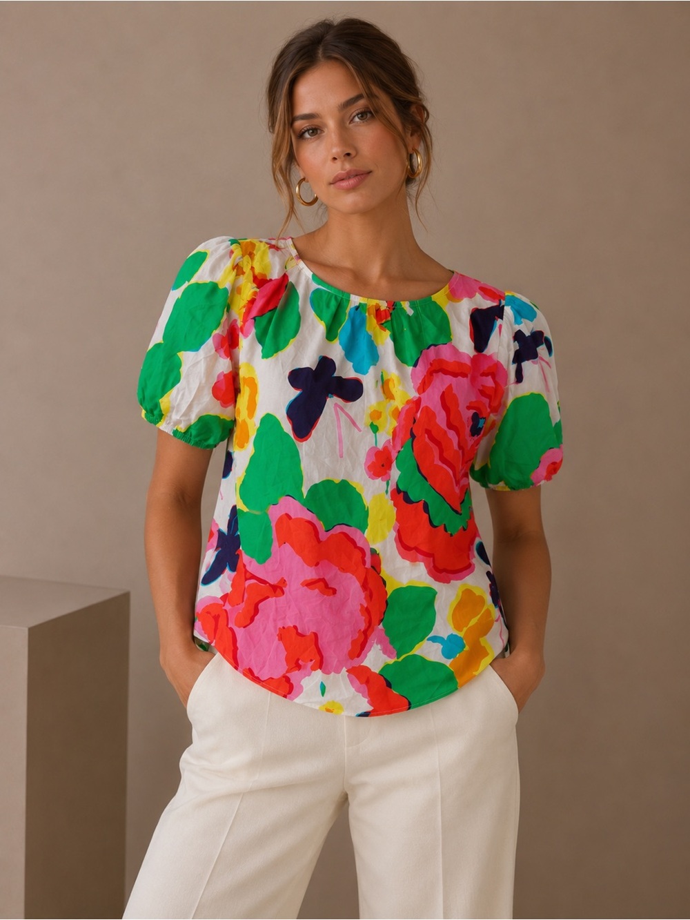 J.Crew Multicolor Floral Puff-Sleeve Cotton Top Size 6